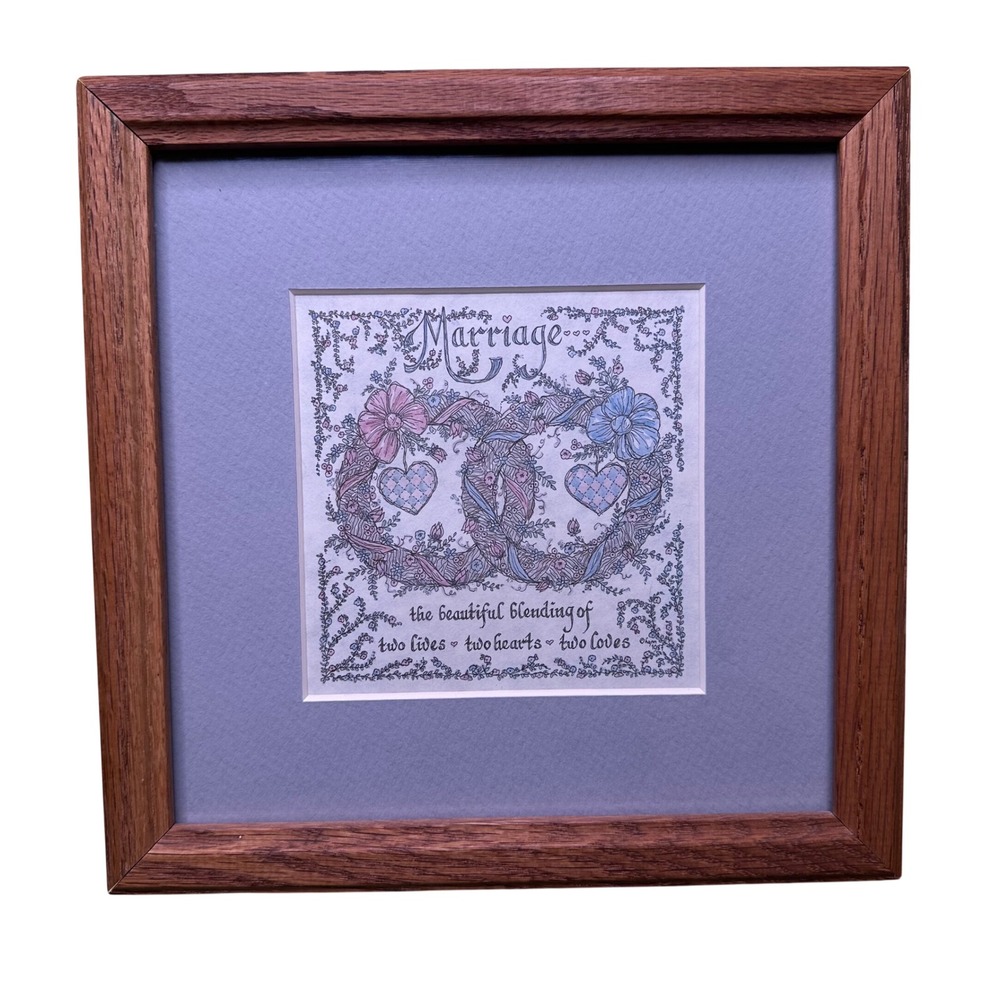 Vintage 1987 Lynn Marriage Calligraphy Art Framed Oak Wood 9x9 Wedding Gift